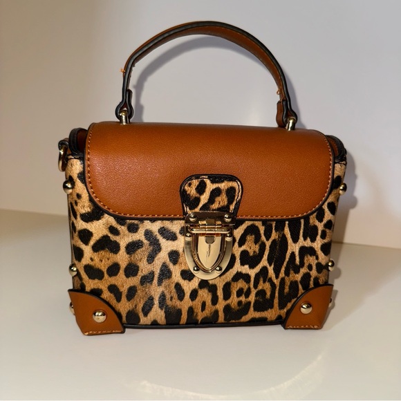 Leopard Print and Brown Leather Women's Bag - Picture 1 of 5